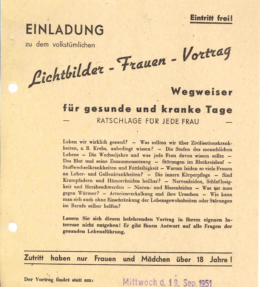 Einladung zu Gesundheitsvortrag für Frauen (1951) Einladung zu Gesundheitsvortrag für Frauen (1951)